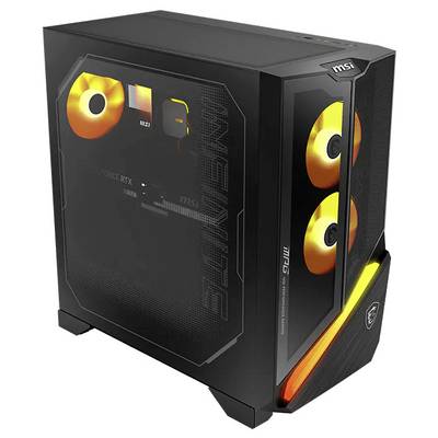 Czarna obudowa komputerowa MSI desktop tower z przezroczystym panelem bocznym, świecącymi pomarańczowo-żółtymi wentylatorami i ukośnym oświetleniem frontu.