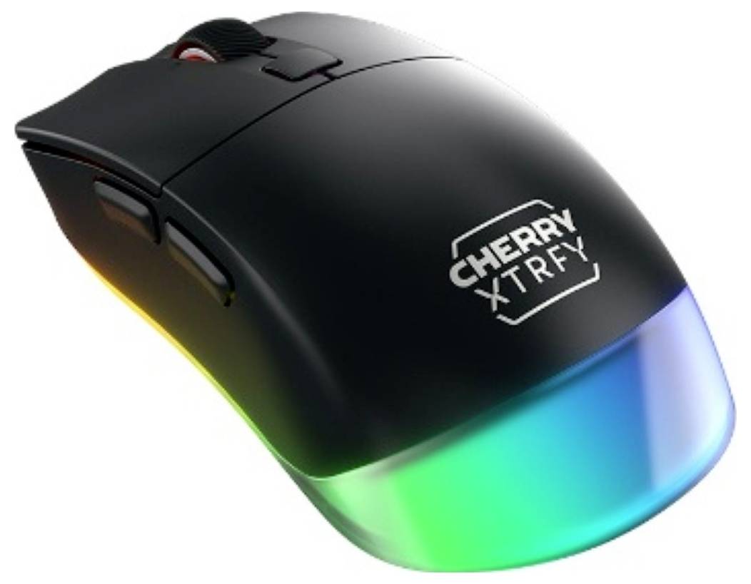 Czarna mysz bezprzewodowa do gier CHERRY XTRFY z podświetlanym akcentem przedniego panelu w technologii RGB.