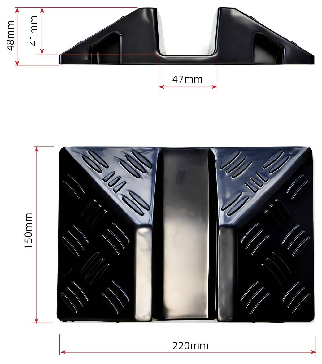 Wymiarowany diagram produktu czarnego klinęcia gumowego do kół, pokazujący widoki z boku i z góry z wymiarami 220 mm szerokości, 150 mm głębokości, 48 mm wysokości, 41 mm i 47 mm wymiary kluczowe.
