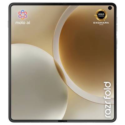 Składany smartfon Motorola Razr Fold z wyświetlaczem przednim, brandingiem moto ai i złotym znakiem aparatu DXOMARK, wyświetlający beżową abstrakcyjną tapetę.