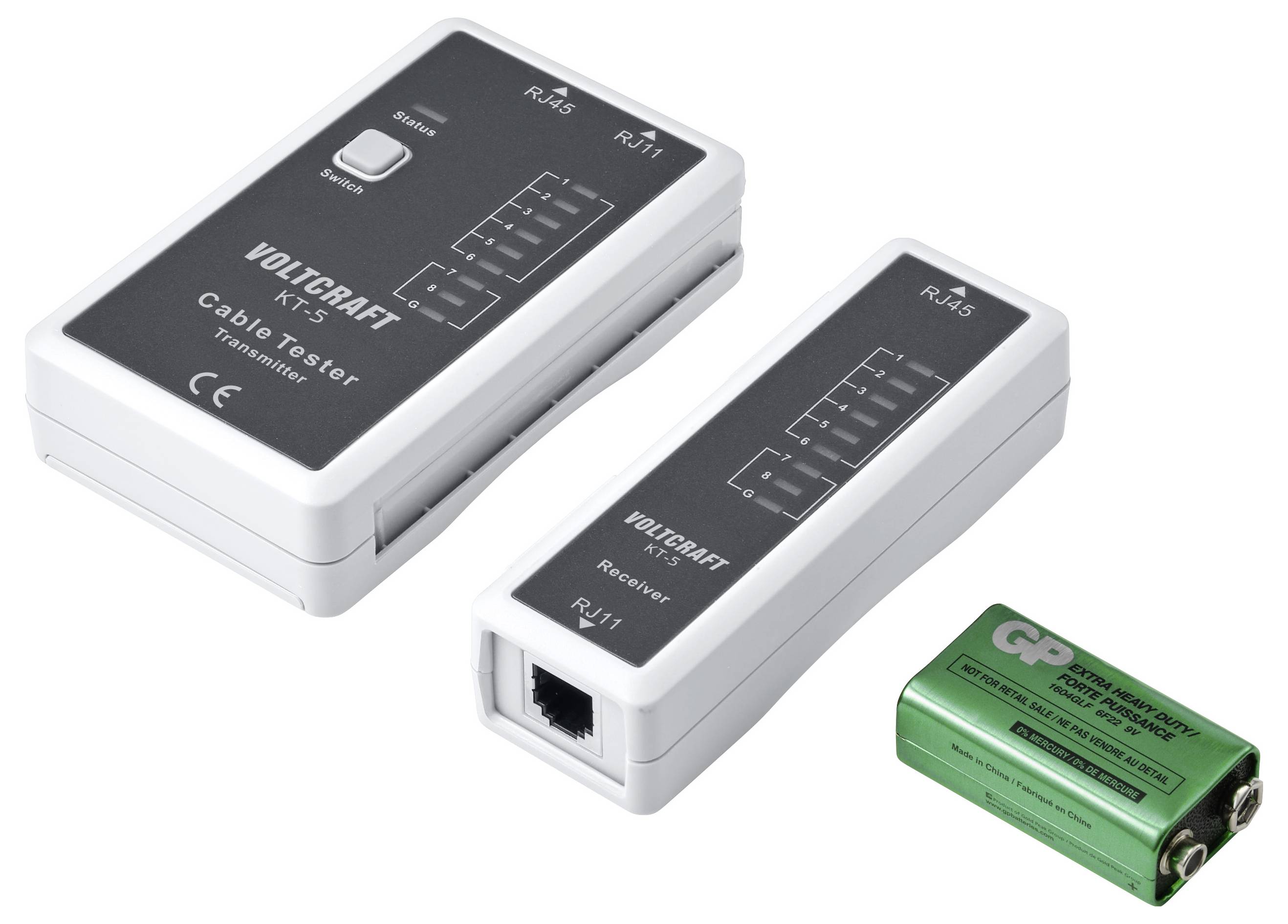 Zestaw testera kabli z głównym testerem, odbiornikiem i zieloną baterią 9V na białym tle.