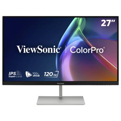 Monitor ViewSonic ColorPro 27 cali pokazany od przodu z wyróżnionymi funkcjami IPS SuperClear, 100% sRGB i 120 Hz.