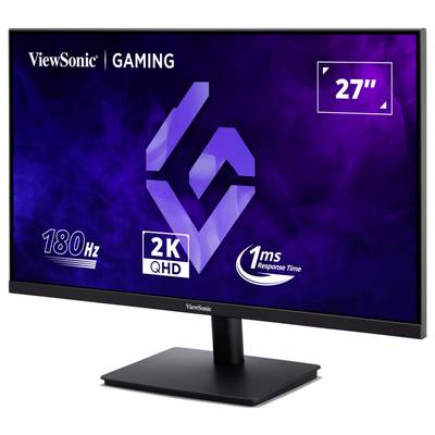 Monitor dla graczy ViewSonic wyświetlający "27 cali", 2K QHD, 180 Hz i czas odpowiedzi 1 ms na fioletowym wyświetlaczu.