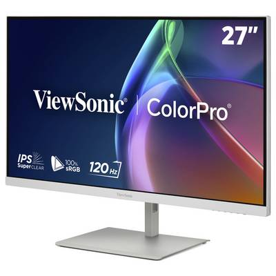 Monitor ViewSonic ColorPro 27 cali wyświetlony na podstawce, z etykietami IPS SuperClear, 100% sRGB i 120 Hz.
