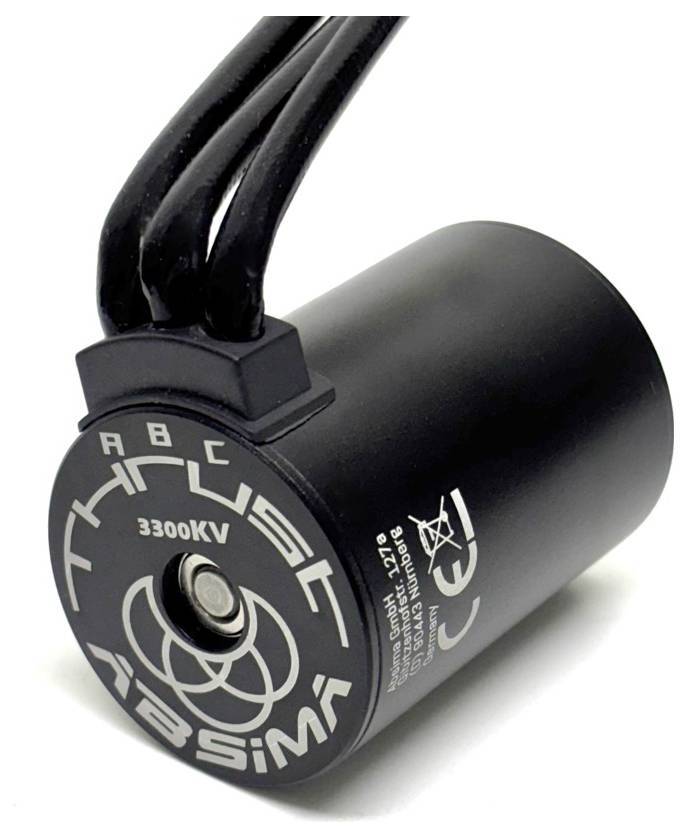 Silnik bezszczotkowy Black ABISM z trzema przyłączonymi przewodami, oznaczony 3300KV.