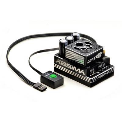 Czarny kontroler prędkości elektronicznego ABSIMA z wentylator chłodzący, kondensatory, okablowanie i mały zielony przycisk na białym tle.