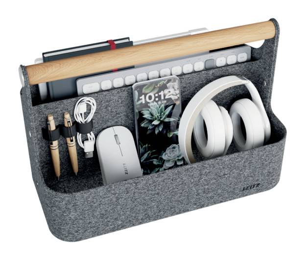 Organizer biurkowy z filcu do przechowywania długopisów, kabla ładującego, bezprzewodowej myszy, telefonu, słuchawek i akcesoriów klawiatury.