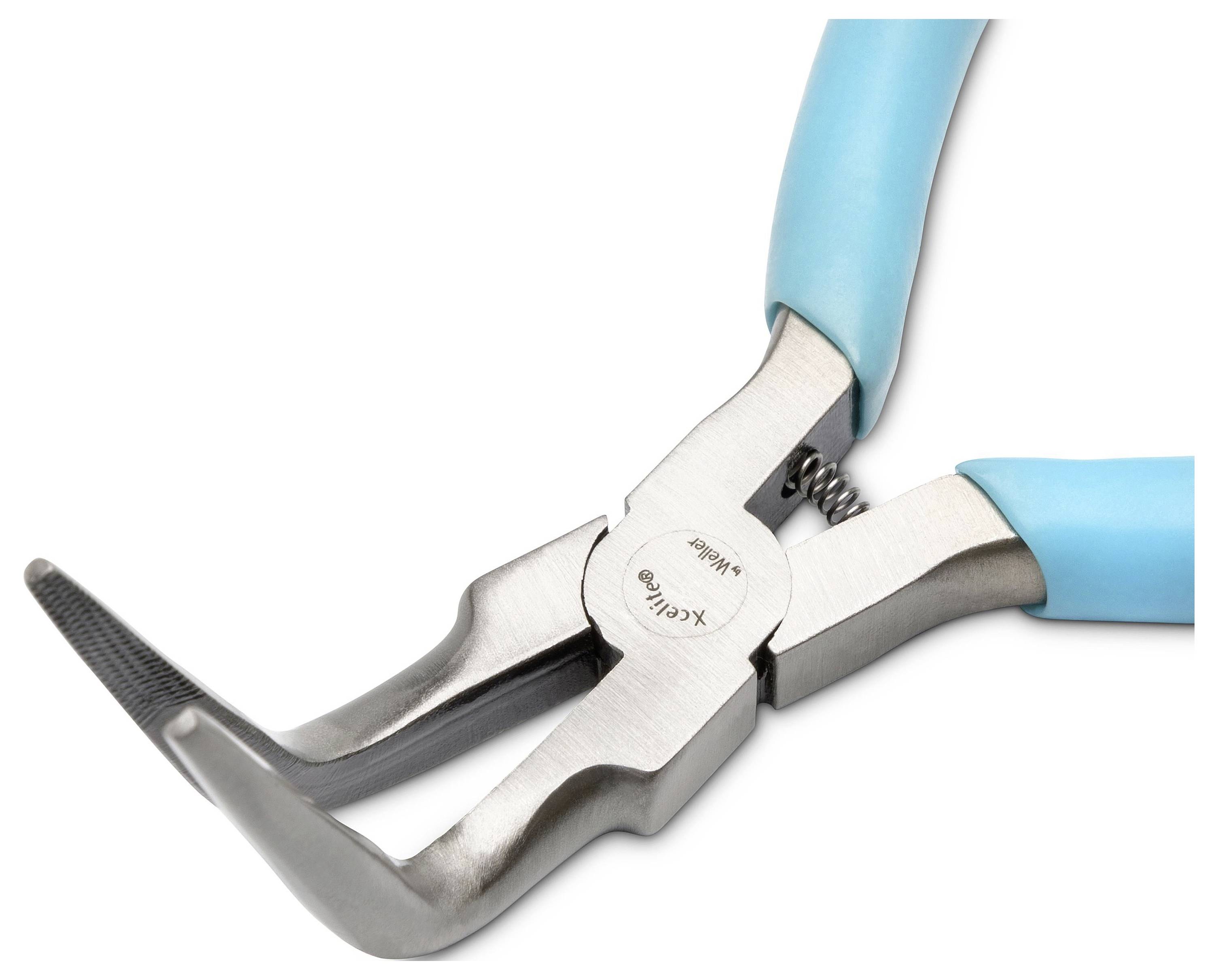 Zbliżenie na obcęgi z niebieskimi uchwytami, zakrzywionymi szczękami i zawiasem sprężynowym na białym tle.