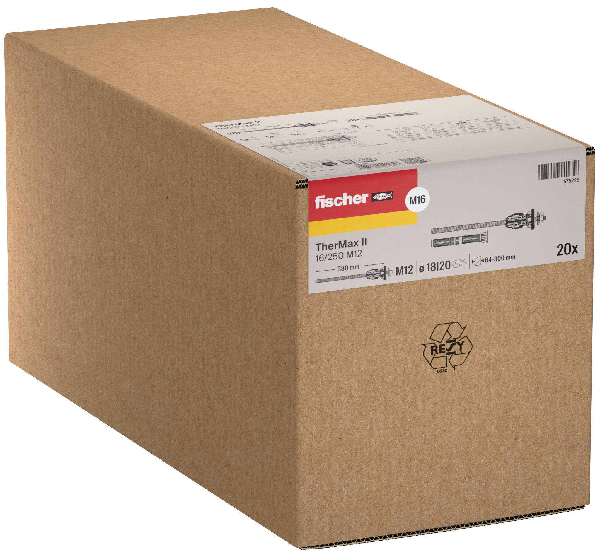 Pudełko produktu z kartonu oznaczone 'fischer TherMax II' ze sprzętem M16 i ilością 20x wydrukowaną na przedniej stronie.