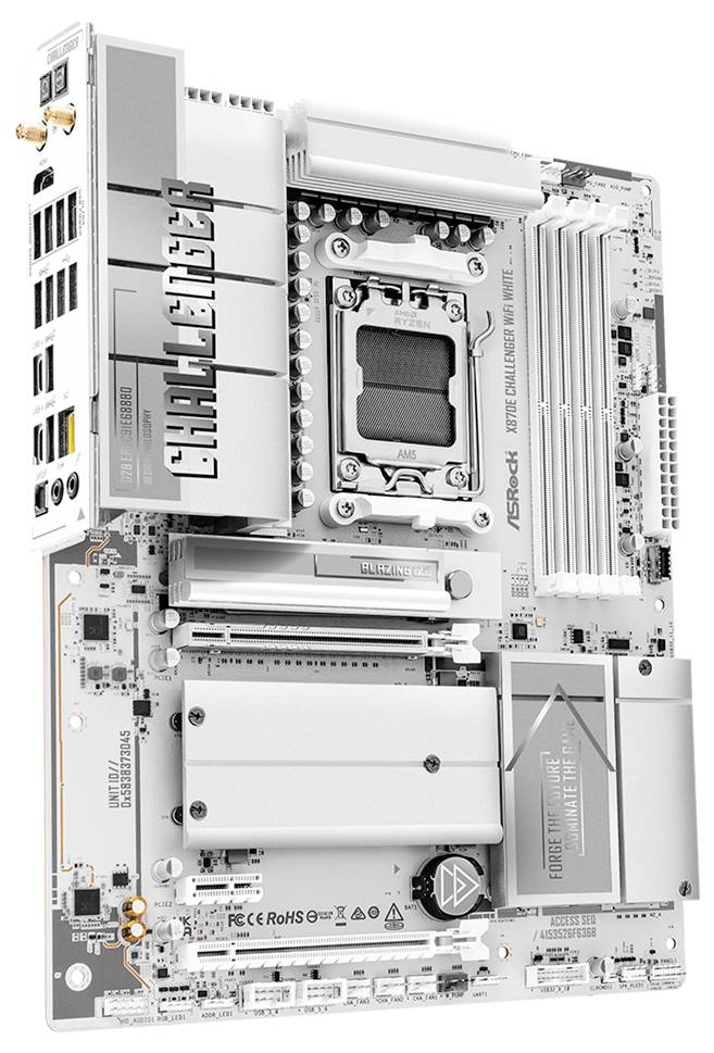 Biała płyta główna ASRock pokazana z góry, zawierająca branding „PHANTOM GAMING", gniazdo procesora AMD, sloty pamięci RAM, sloty PCIe i porty wejścia/wyjścia z tyłu.