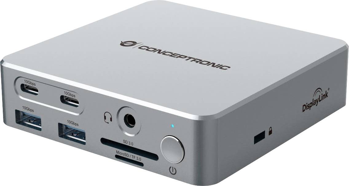 Kompaktna srebrna stacja dokująca ConcepTronic mini PC pokazana w perspektywie, z przednim USB-C, USB-A, gniazdem audio, przyciskiem zasilania i brandingiem DisplayLink.