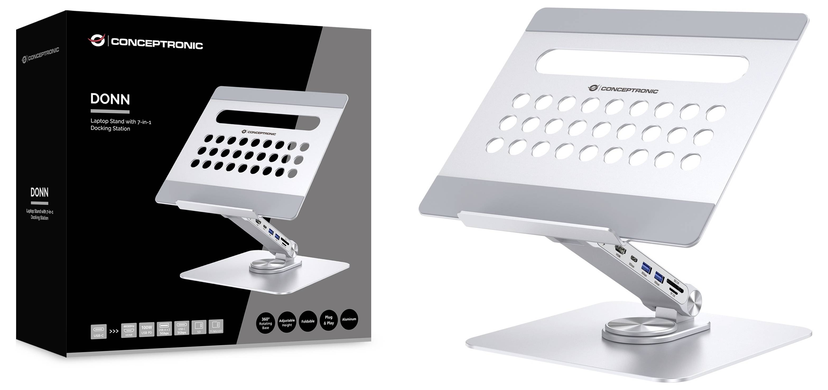 Podstawka pod notebooka Conceptronic DONN27G Laptop Stand with 7-in-1 USB 3.2 regulacja wysokości, obrotowy, funkcja hub-6