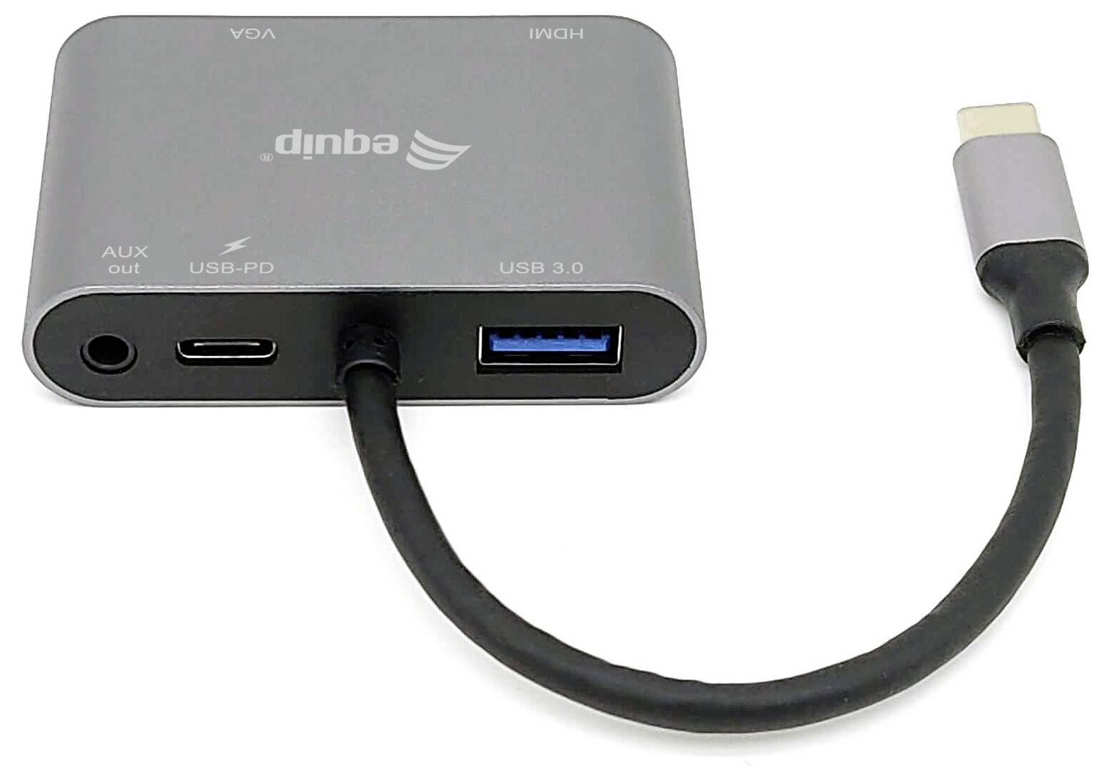 Adapter hub USB-C z wyjściem AUX, USB-PD, HDMI i portami USB 3.0; dołączony kabel USB-C na białym tle.