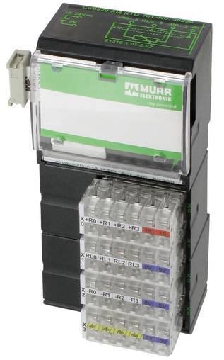 Moduł elektryczny przemysłowy Murrelektronik z przezroczystymi zaciskami i oznaczonymi połączeniami okablowania na obudowie czarnej.