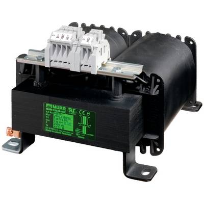 Przemysłowy transformator elektryczny z listewką zaciskową i uchwytami montażowymi na białym tle.