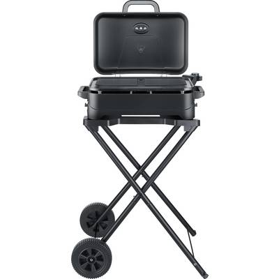 Przenośny grill na składanym wózku z dwoma kołami i otwartą pokrywą, pokazany w widoku z boku na białym tle.