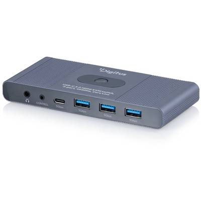 Cyfrowy przełącznik KVM USB-C z 4 portami Digitus, pokazujący złącza przednie, w tym gniazdo zestawu słuchawkowego, port sterowania, USB-C i trzy porty USB-A 5Gbps.