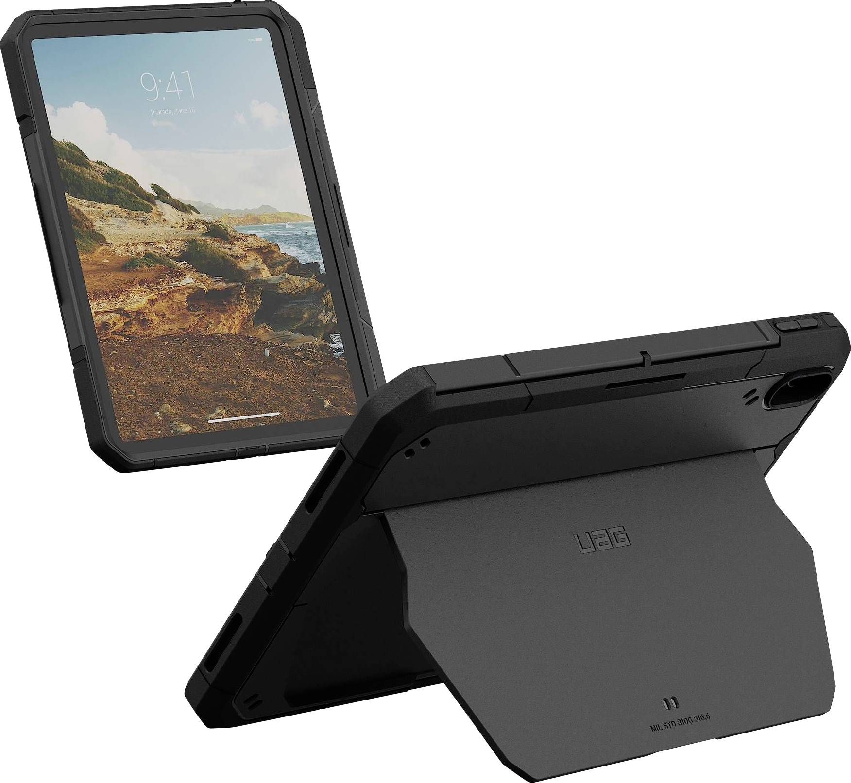 Wytrzymała czarna etui do tabletu pokazana z przodu i z tyłu, z wbudowaną nóżką do ustawienia tabletu w pozycji pionowej na białym tle.