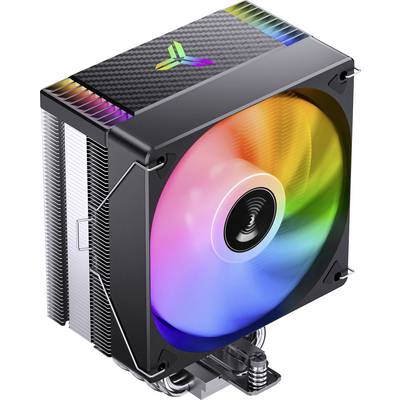 Chłodnica procesora RGB z powietrzem, wyposażona w duży wentylator oświetlony tęczą i dwoma metalowymi radiatorem, prezentowana w widoku w stylu produktu.