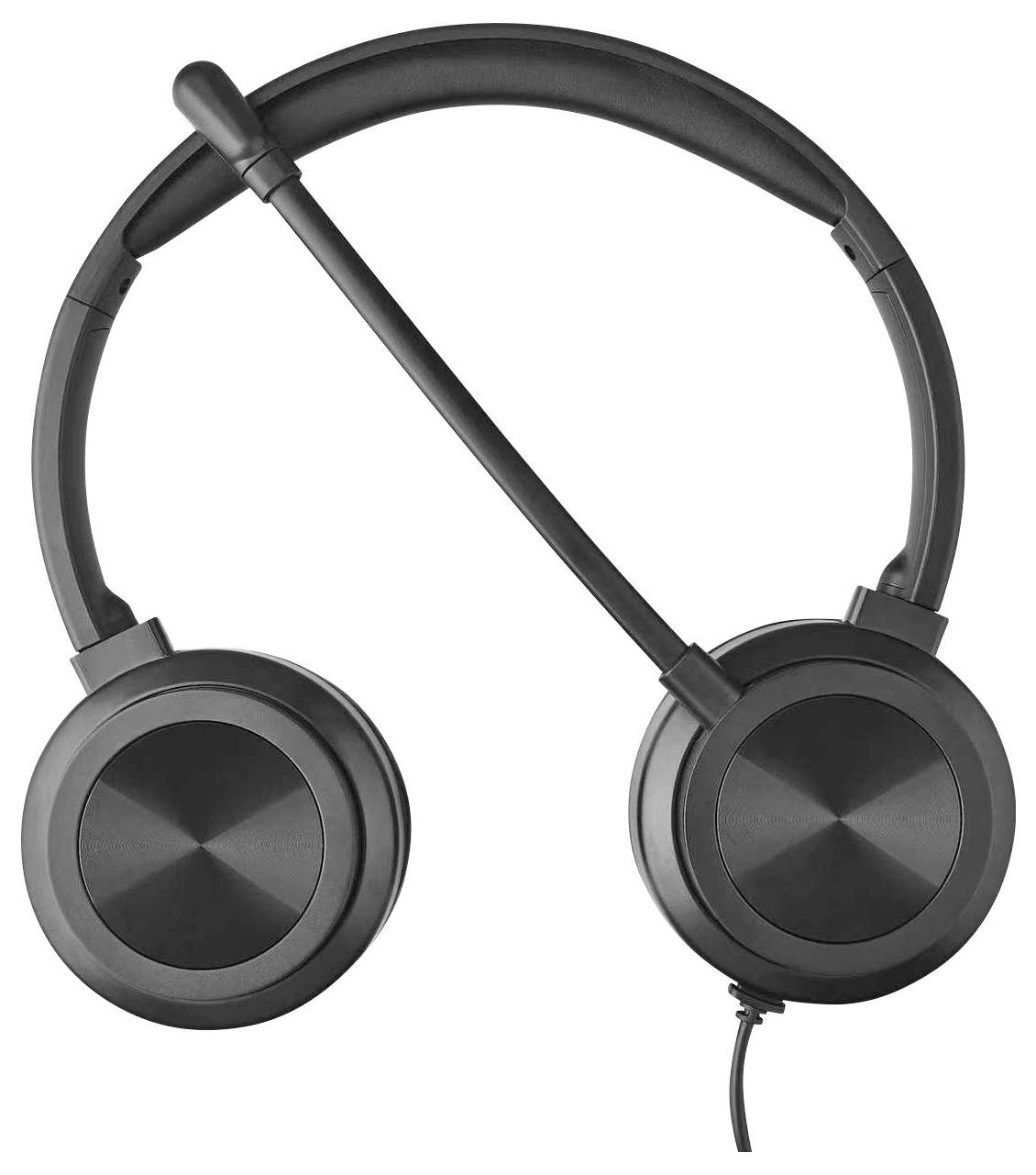 Czarne słuchawki nauszne z pałąkiem na głowę i przewodem zwisającym z prawej muszli usznej, pokazane na białym tle.
