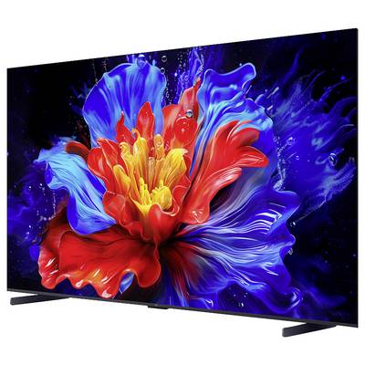 Telewizor z ekranem plaskim wyswietlajacy zywego abstrakacyjnego kwiatka w kolorach czerwonym, niebieskim i zoltym na ciemnym tle.