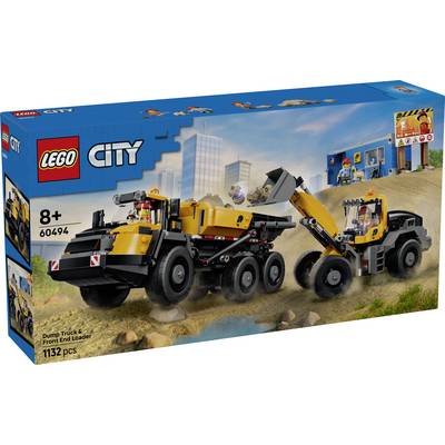 Pudełko zestawu budowlanego LEGO City Ciężarówka Wywrotka i Ładowarka Czołowa, pokazujące ciężarówkę wywrotkę, ładowarkę i scenę placu budowy; 8+ i 1132 części