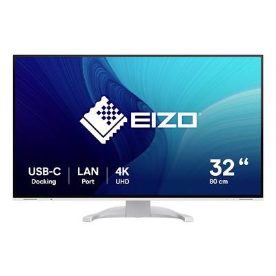 Monitor EIZO 32 cali 4K UHD z dokingiem USB-C i portem LAN, pokazany na niebieskim abstrakcyjnym tle.