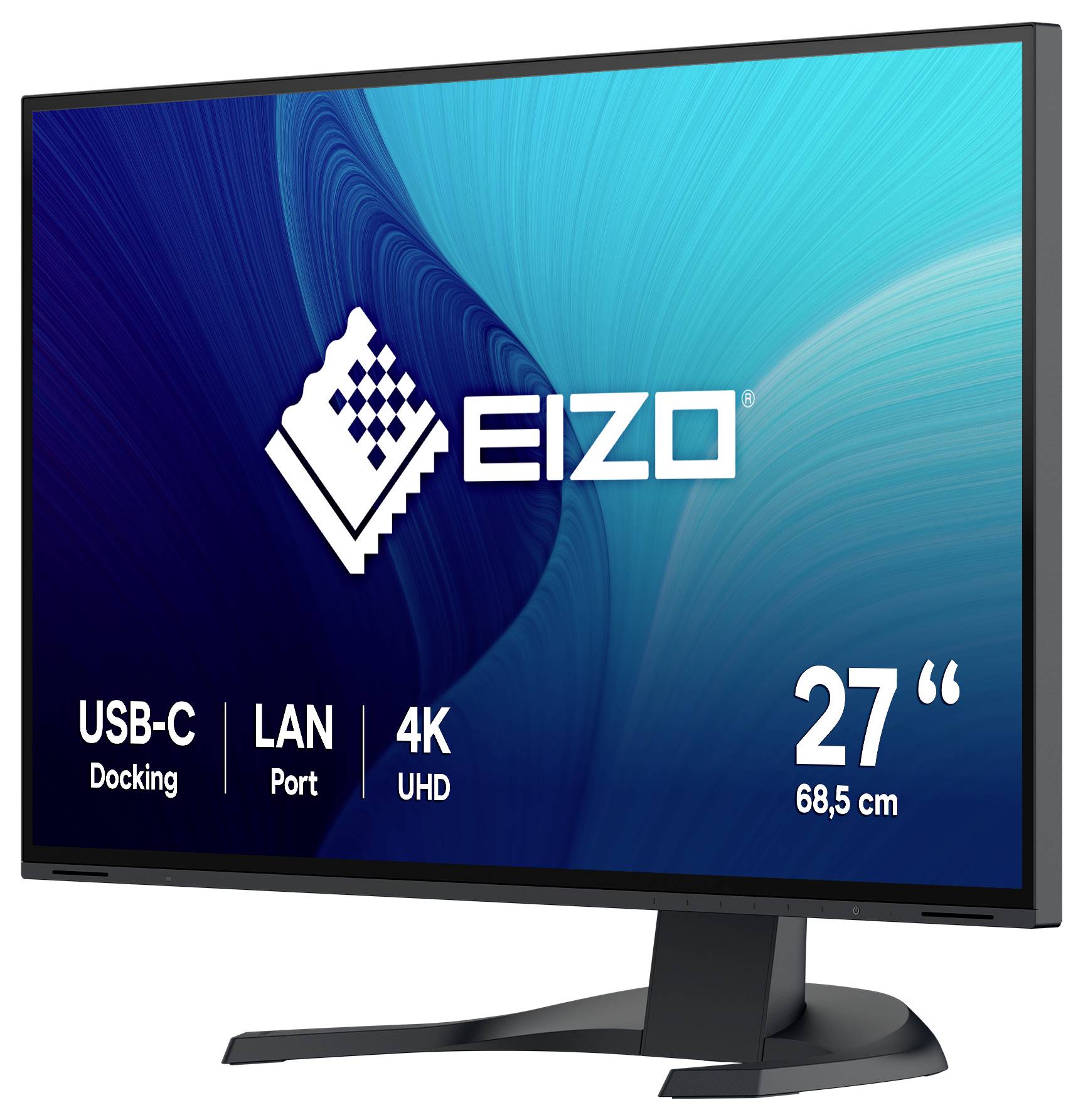 Monitor EIZO 27 cali 4K UHD z dokingiem USB-C i portem LAN, prezentowany na statywie z logo produktu i tekstem rozmiaru ekranu.