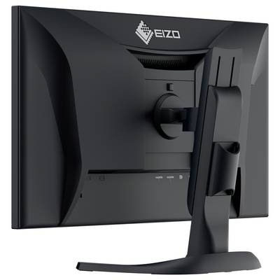 Widok z tyłu monitora komputerowego EIZO pokazujący regulowany stojak i rear panel wejściowy.