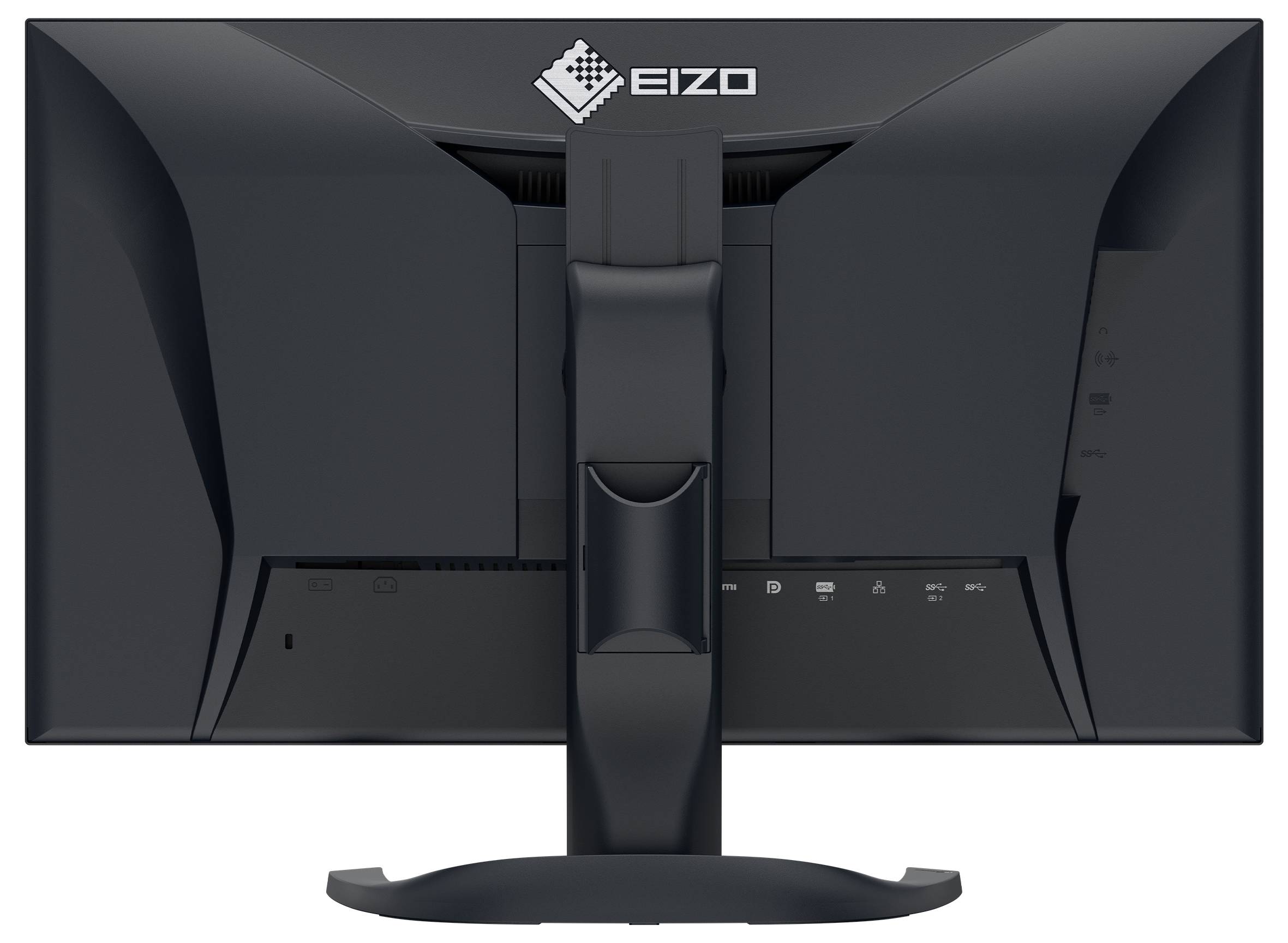 Widok z tyłu czarnego monitora komputerowego EIZO z regulowanym stojakiem i logo wyśrodkowanym na tyle.
