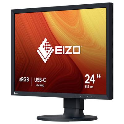 Monitor EIZO 24-calowy z dokowania USB-C z obsługą sRGB, pokazany na stojaku na białym tle.