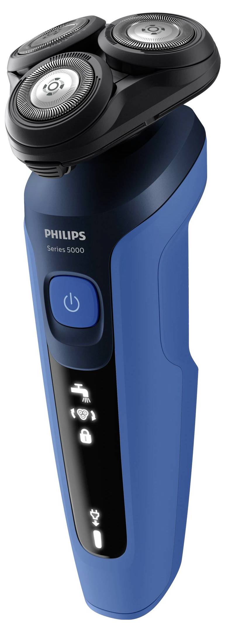 Niebieski elektryczny golarek Philips serii 5000 z trzema wirującymi głowicami, przyciskiem zasilania oraz podświetlanymi wskaźnikami baterii i czyszczenia na froncie.