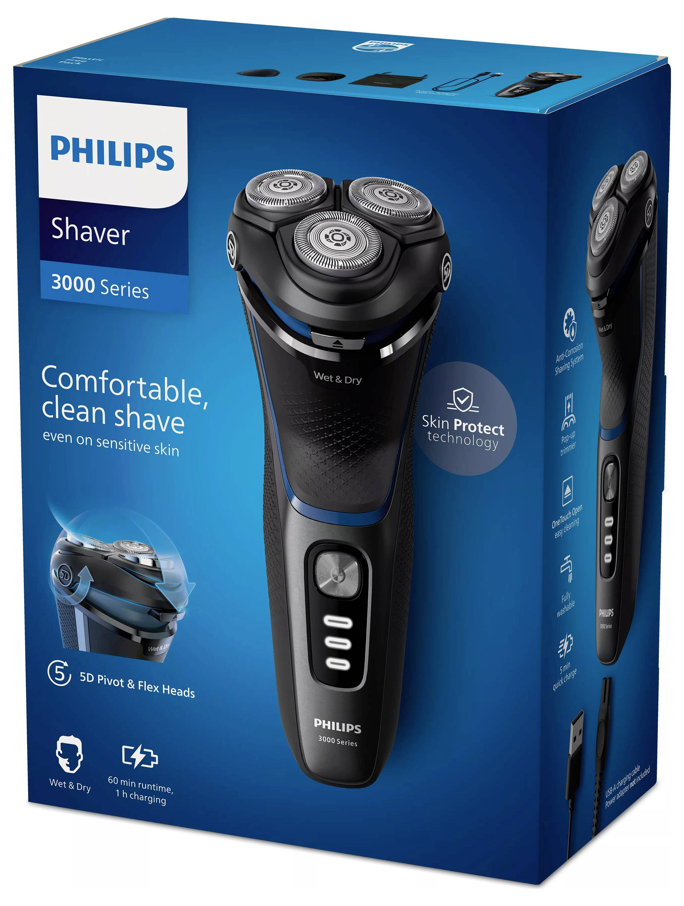 Pudełko Philips Golarka 3000 serii prezentujące gołarkę elektryczną do golenia na mokro i sucho z technologią Skin Protect i głowicami 5D pivot i flex.