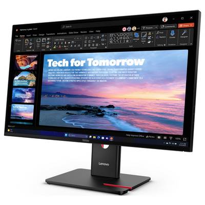 Monitor Lenovo wyświetla Microsoft PowerPoint z prezentacją zatytułowaną "Tech for Tomorrow" oraz miniaturami slajdów po lewej stronie.