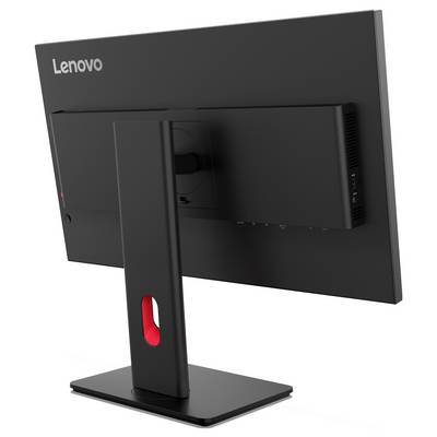 Widok z tyłu monitora biurkowego Lenovo na prostokątnym statywie, pokazujący regulowany panel tylny i otwór do zarządzania kablami.