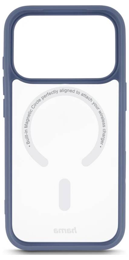 Niebieski case do telefonu z wbudowanym magnetycznym pierścieniem w stylu MagSafe i przewodnikiem wyrównania, pokazany z przodu na białym tle.