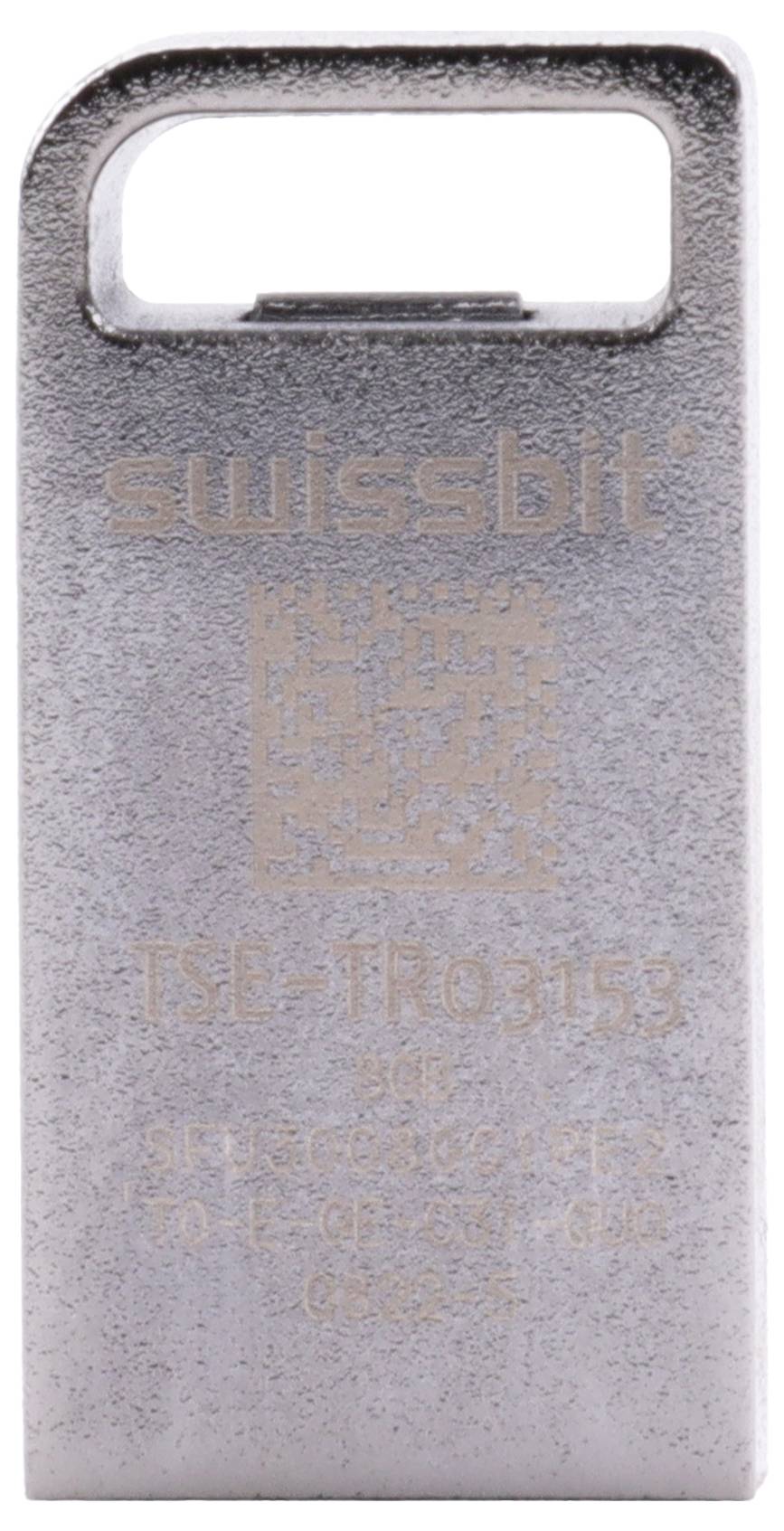 Metalowy dysk flash USB z otwieranym uchwytem, marki "Swissbit" i oznaczeniem "ISE-TR03153" na przodzie.
