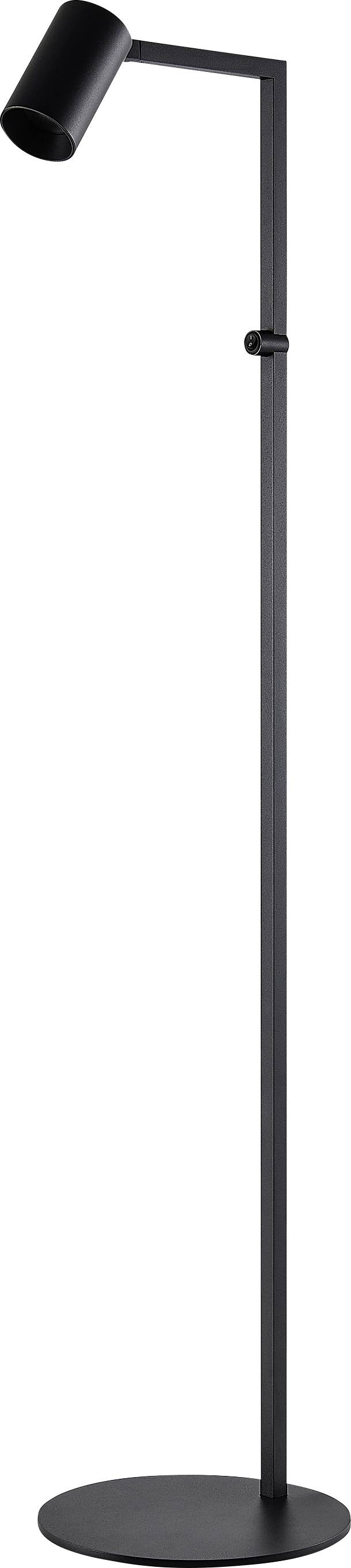 Czarna regulowana lampa podłogowa z cylindrycznym abażurem i okrągłą podstawą, pokazana na białym tle.
