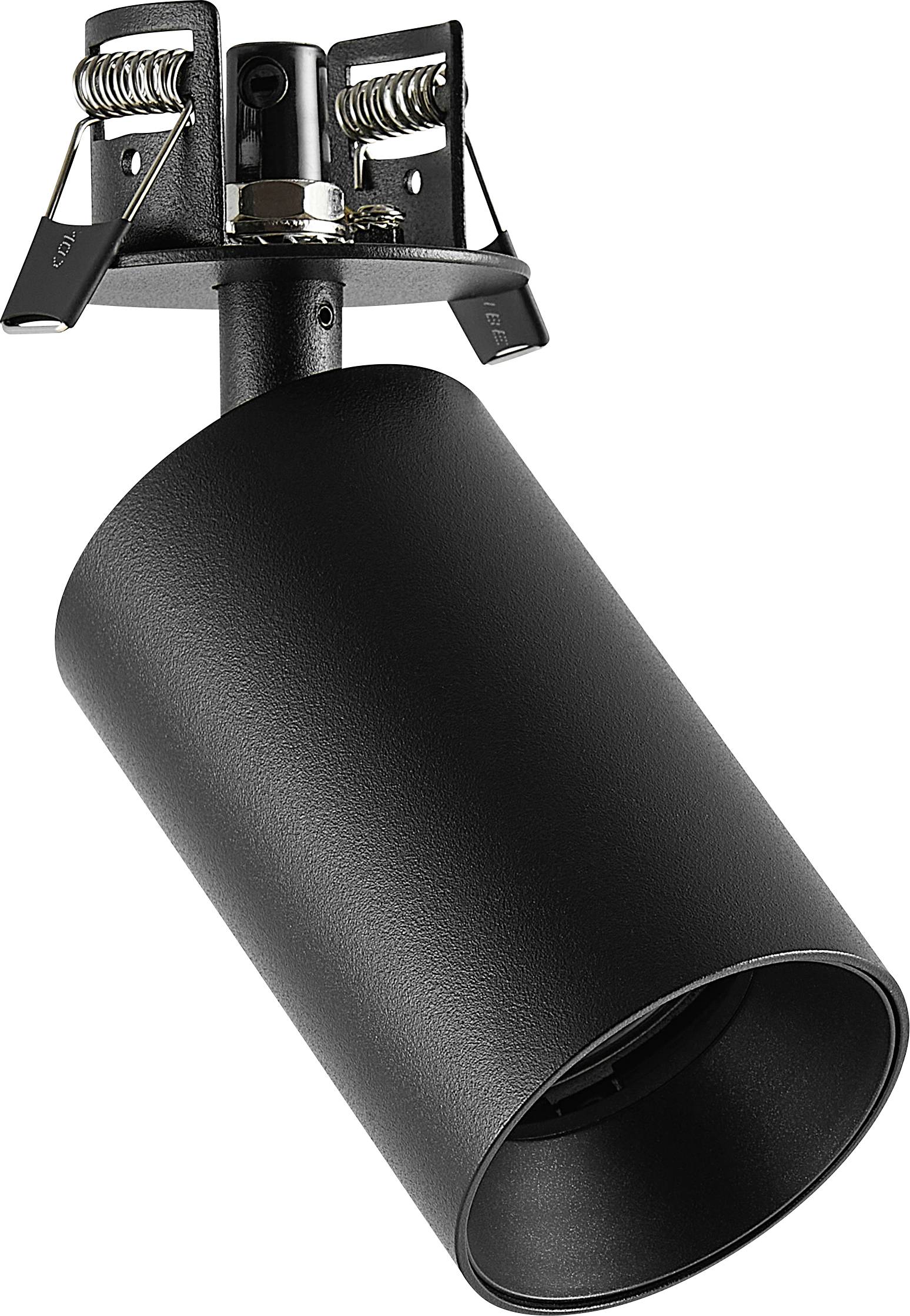 Czarna regulowana lampa punktowa z cylindrycznym abażurem, pokazana na białym tle.