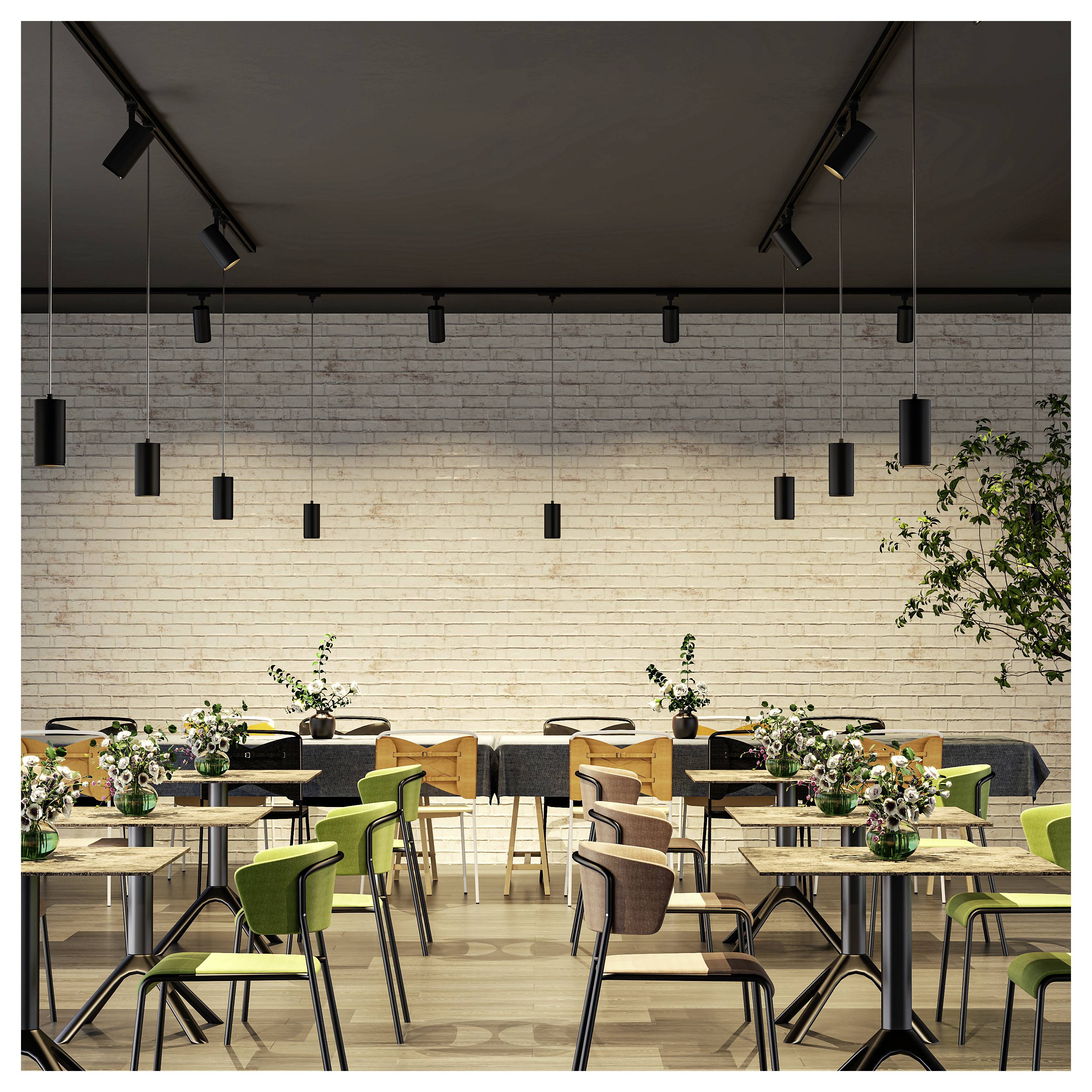 Nowoczesne wnętrze kawiarni lub restauracji z pustymi drewnianymi stołami, zielonymi krzesłami, małymi dekoracjami kwiatowymi, lampami wiszącymi i białą ścianą z cegły.