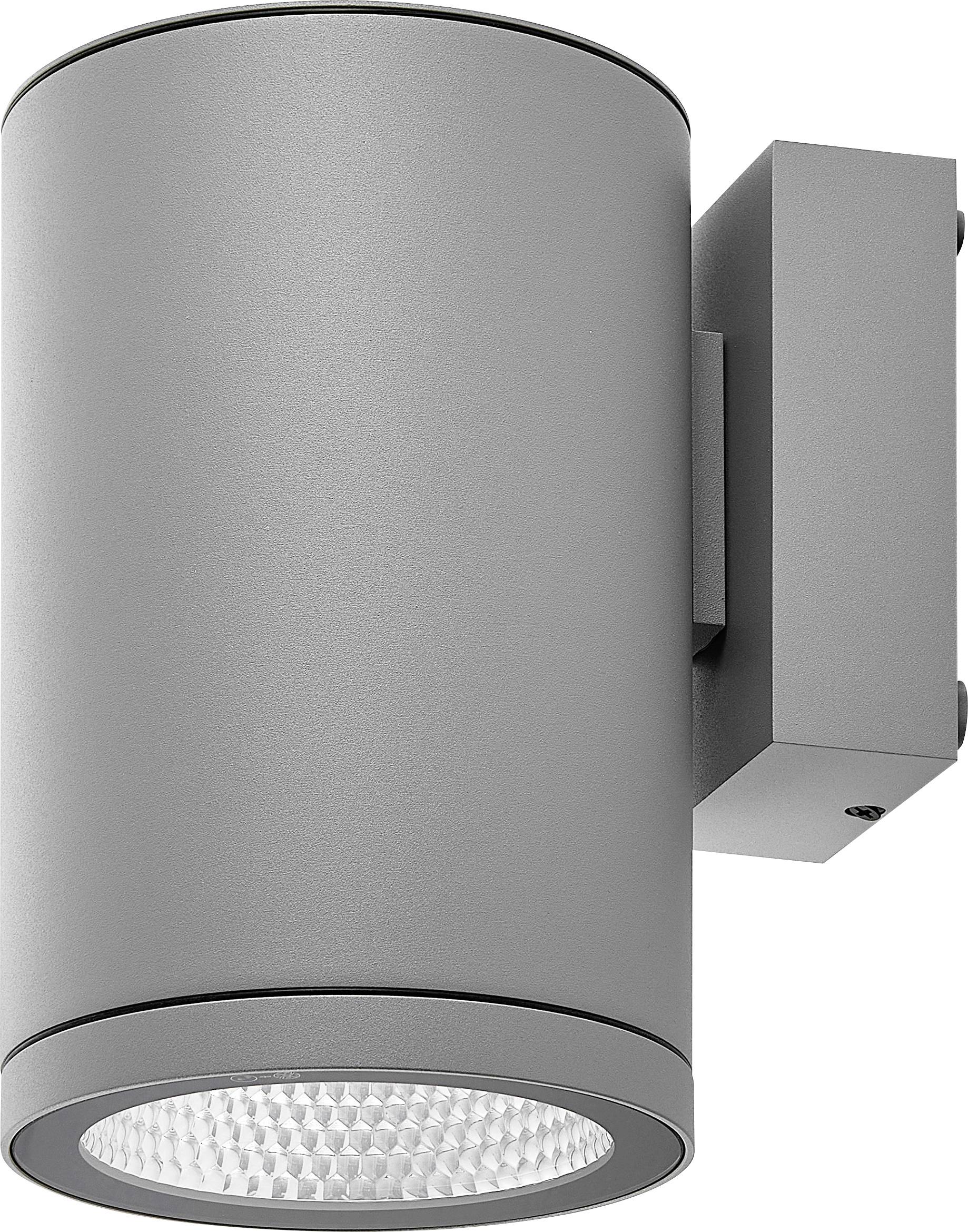 Szara cylindryczna lampa ścienna do montażu na zewnątrz z difuzorem LED skierowanym w dół.