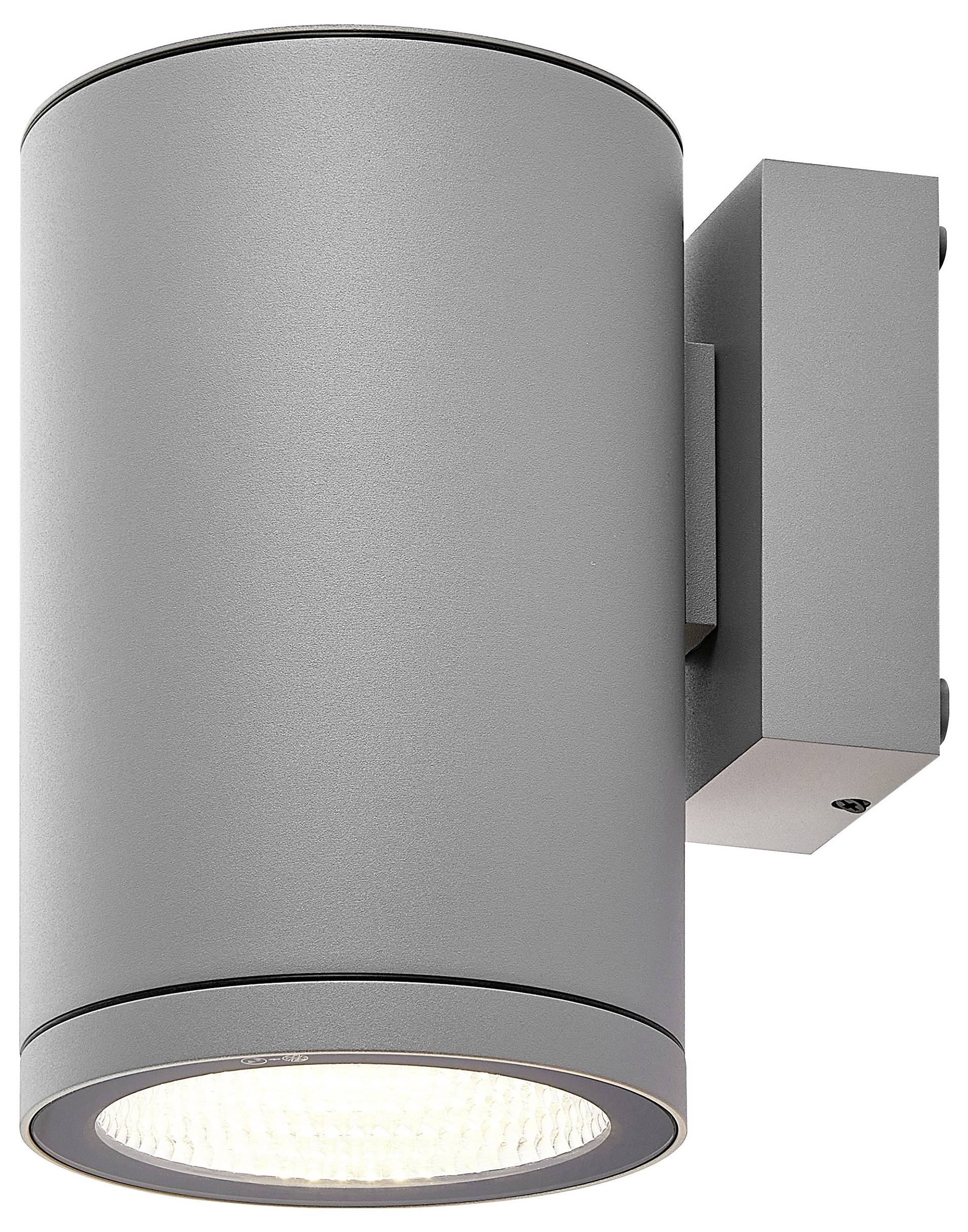 Szara cylindryczna lampa ścienna do montażu na zewnątrz z żarówką LED skierowaną w dół.