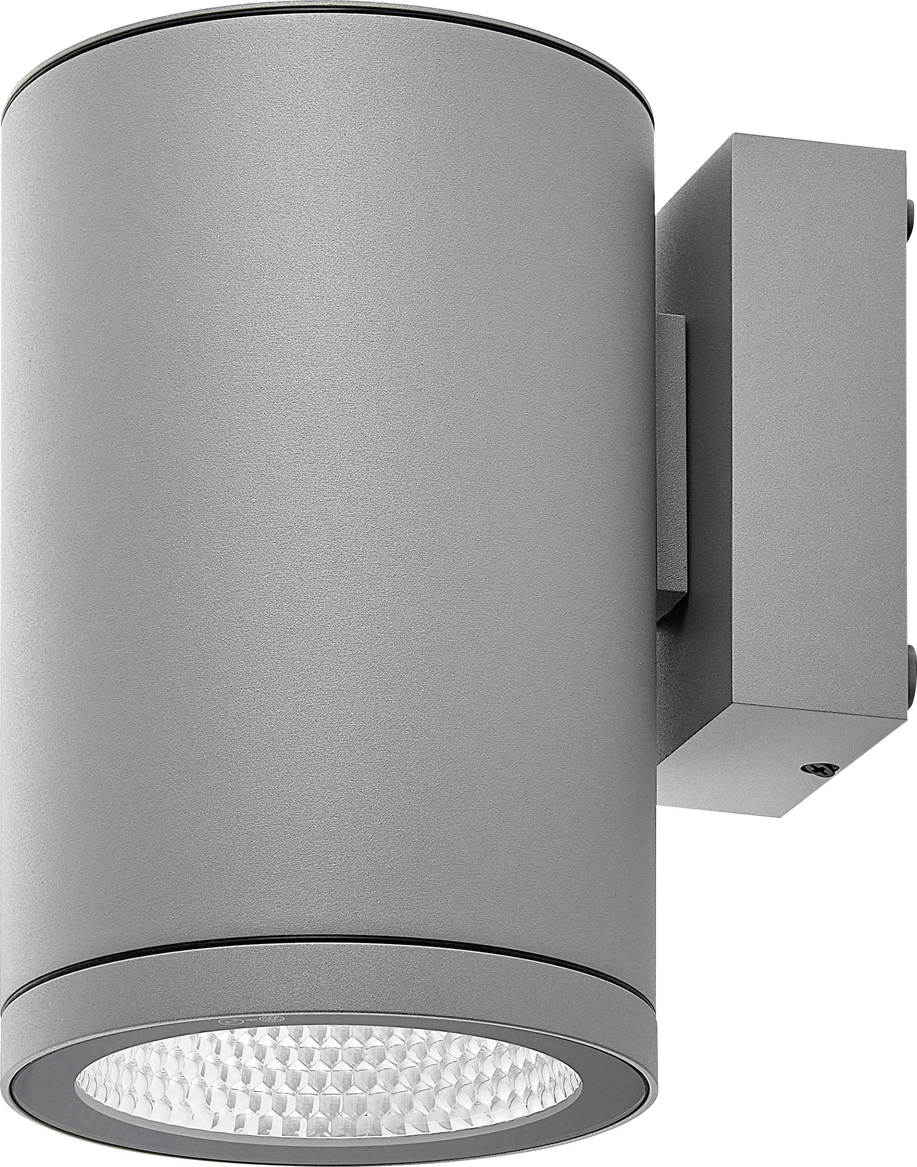 Szara cylindryczna lampa ścienna do montażu na zewnątrz z mattowym (teksturowanym) reflektorem skierowanym w dół.