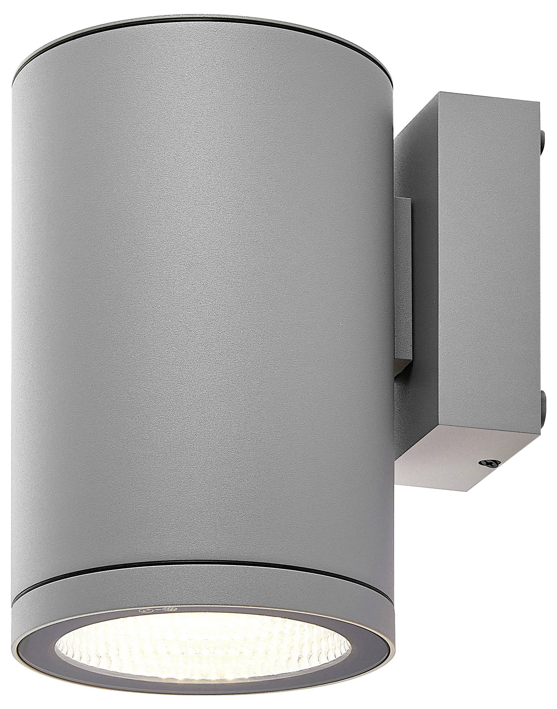 Szara cylindryczna lampa ścienna do montażu na zewnątrz ze skierowaną w dół diodą LED.