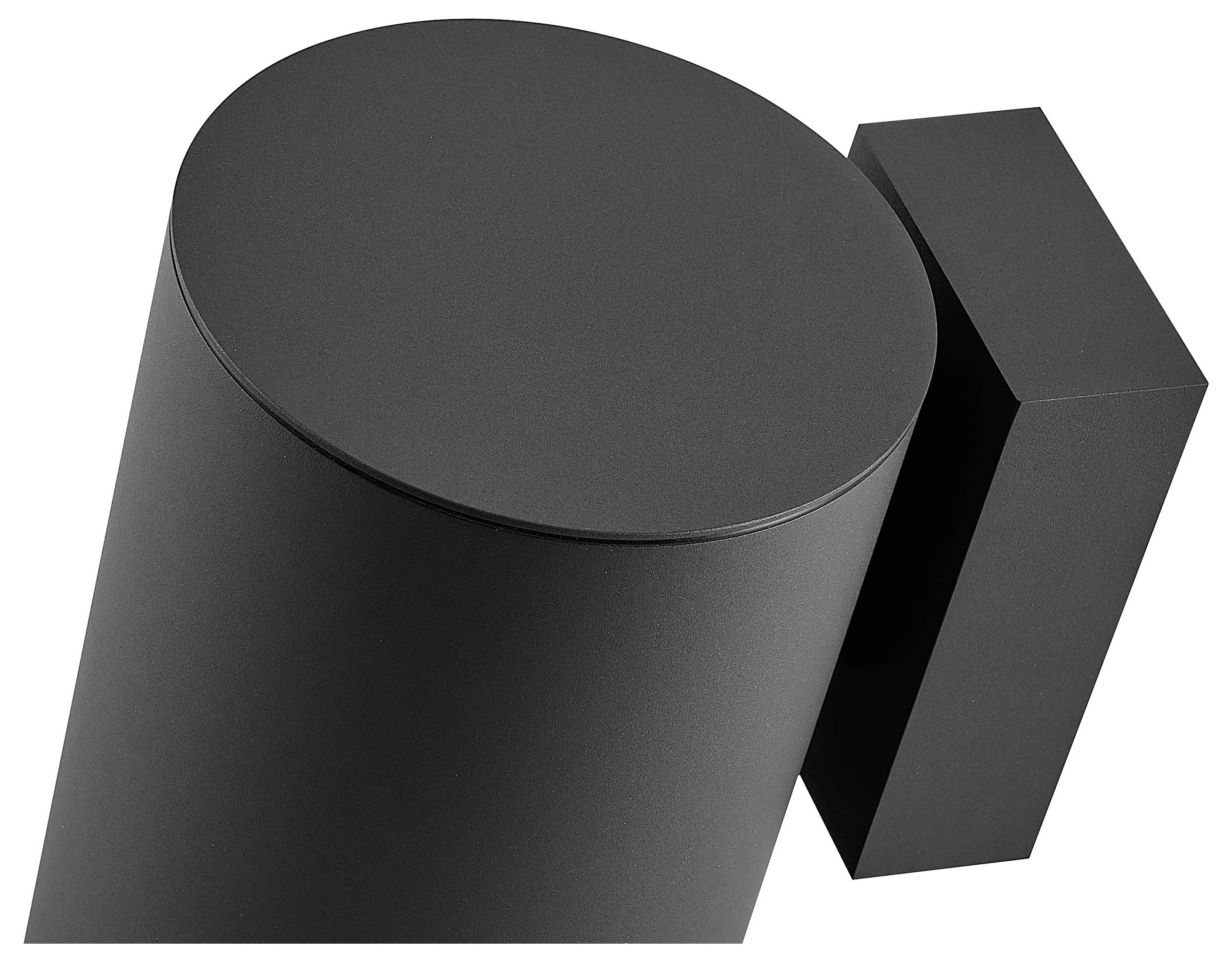 Czarny symbol geometryczny 3D: przechylony cylinder obok prostokątnego bloku na białym tle.