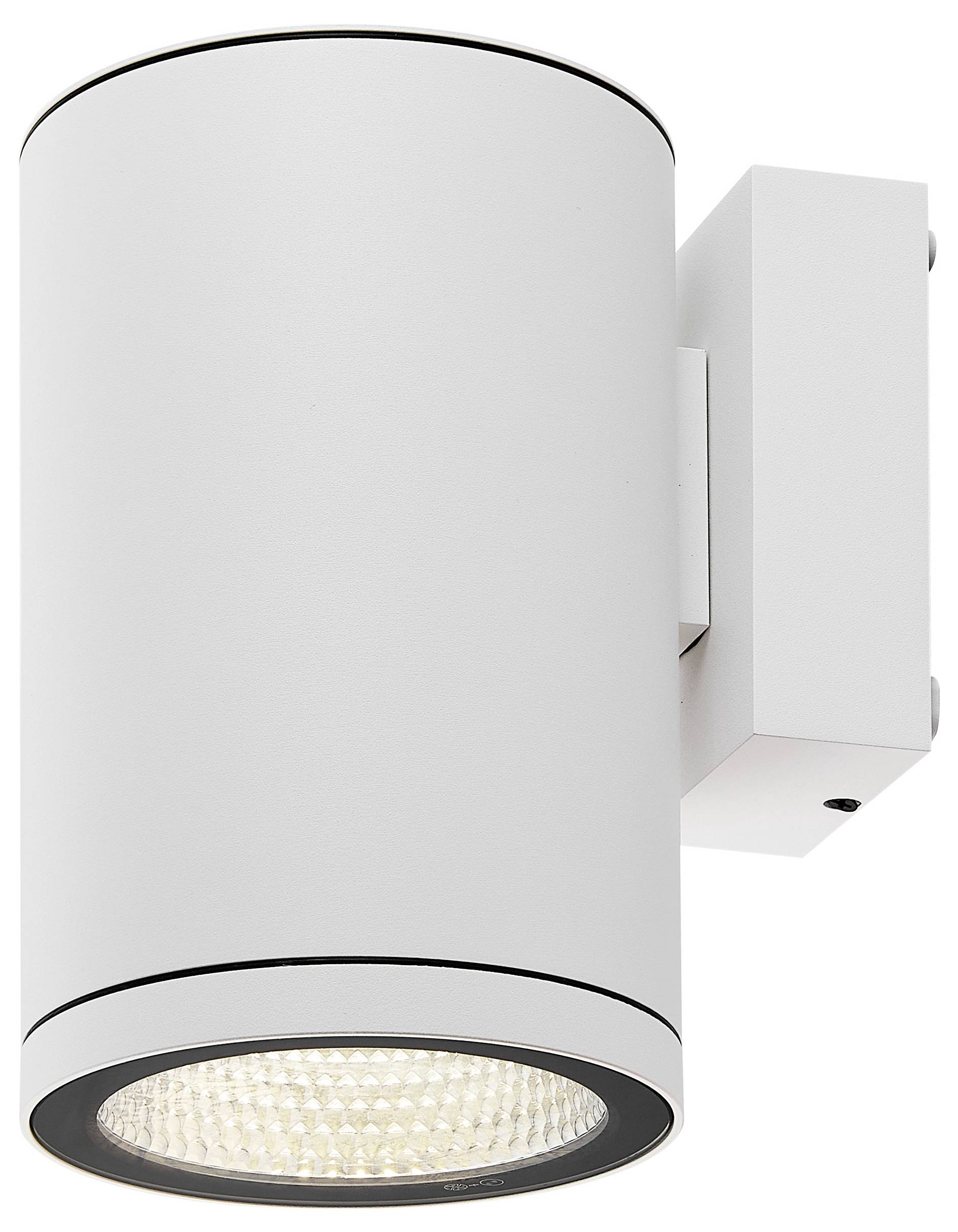 Biała cylindryczna lampa ścienna lub sufitowa z widoczną lampą LED poniżej.
