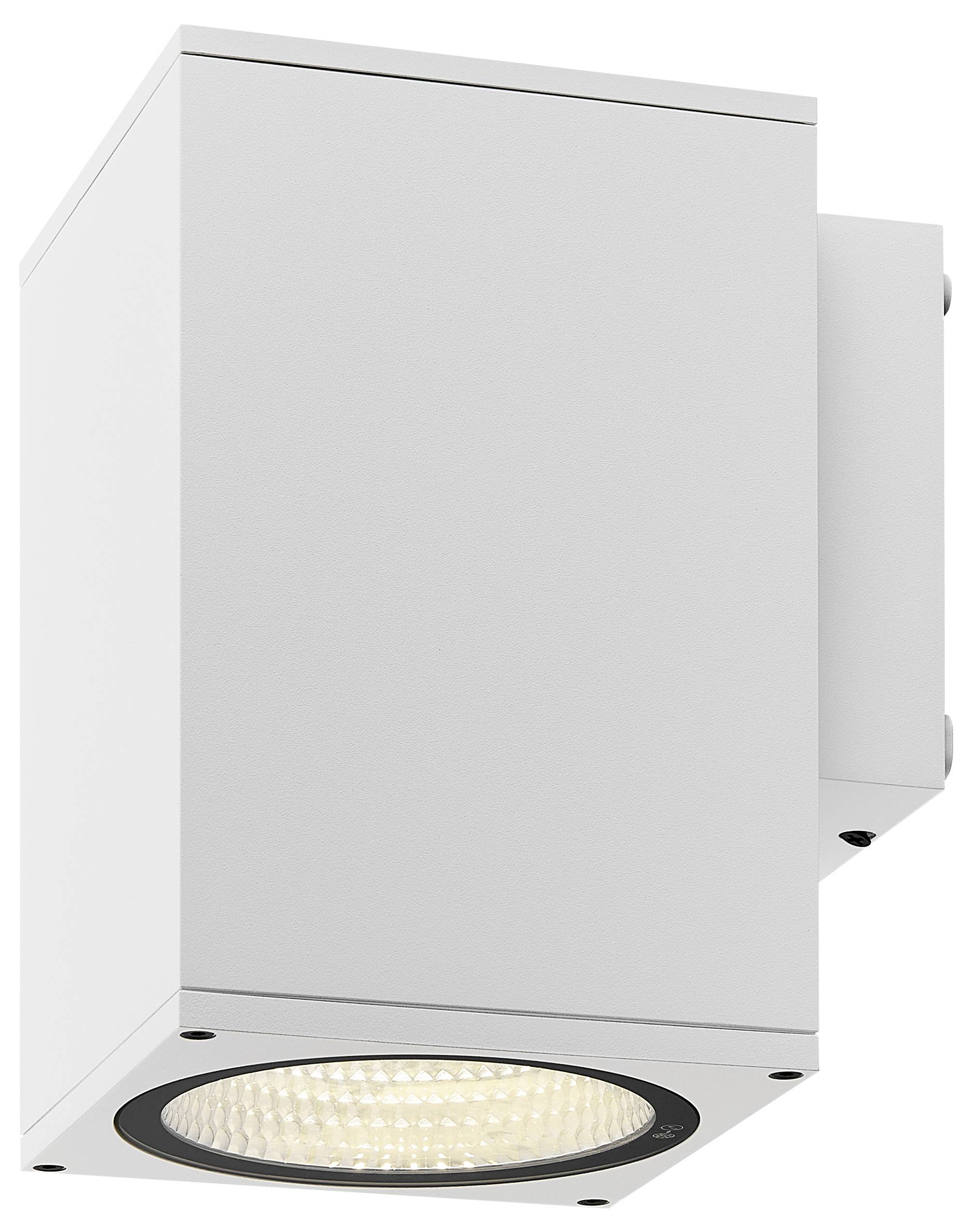 Nowoczesna biała kwadratowa lampa ścienna do montażu na zewnątrz z okrągłą lampą LED na dole.