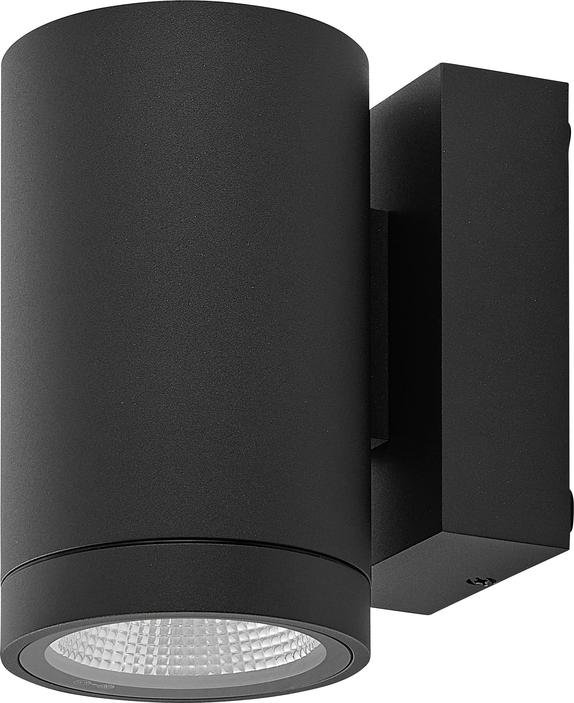 Czarna cylindryczna lampa ścienna do montażu na zewnątrz z LED skierowanym w dół i prostokątną płytką montażową.