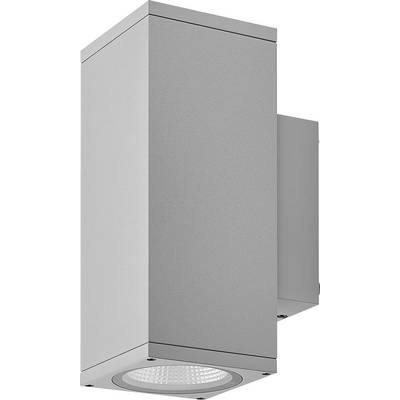 Srebrna prostokątna lampa ścienna do montażu na zewnątrz z okrągłą soczewką LED na spodzie.