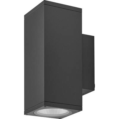 Czarna prostokątna lampa ścienna do montażu na zewnątrz z okrągłą lampą LED na spodzie.